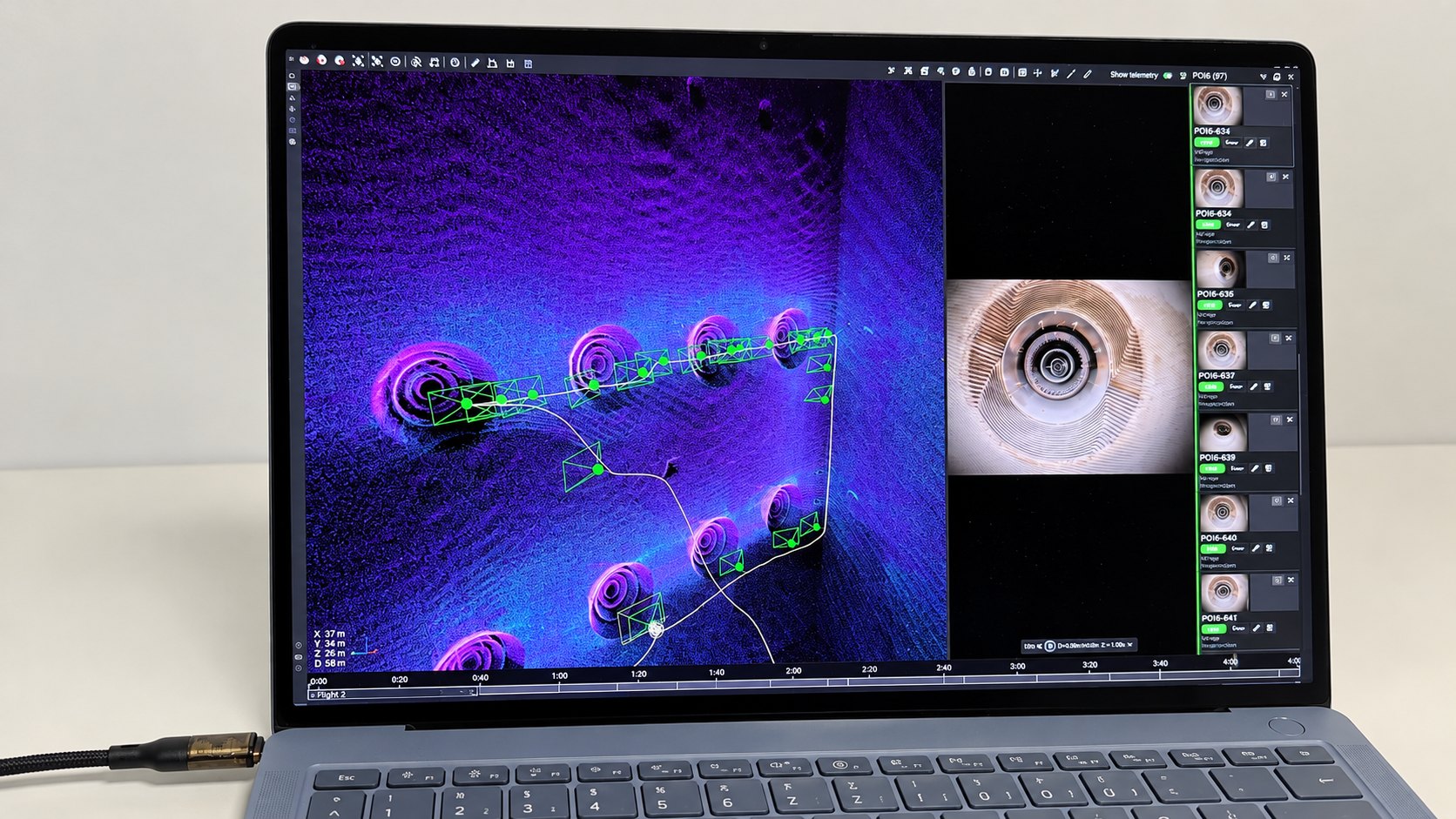Laptop mit der Auswertung: die Brennerwand eines Kessels als Punktwolke mit Flugbahn der Drohne, daneben das Kamerabild eines Brenners und die Liste der Fotopunkte