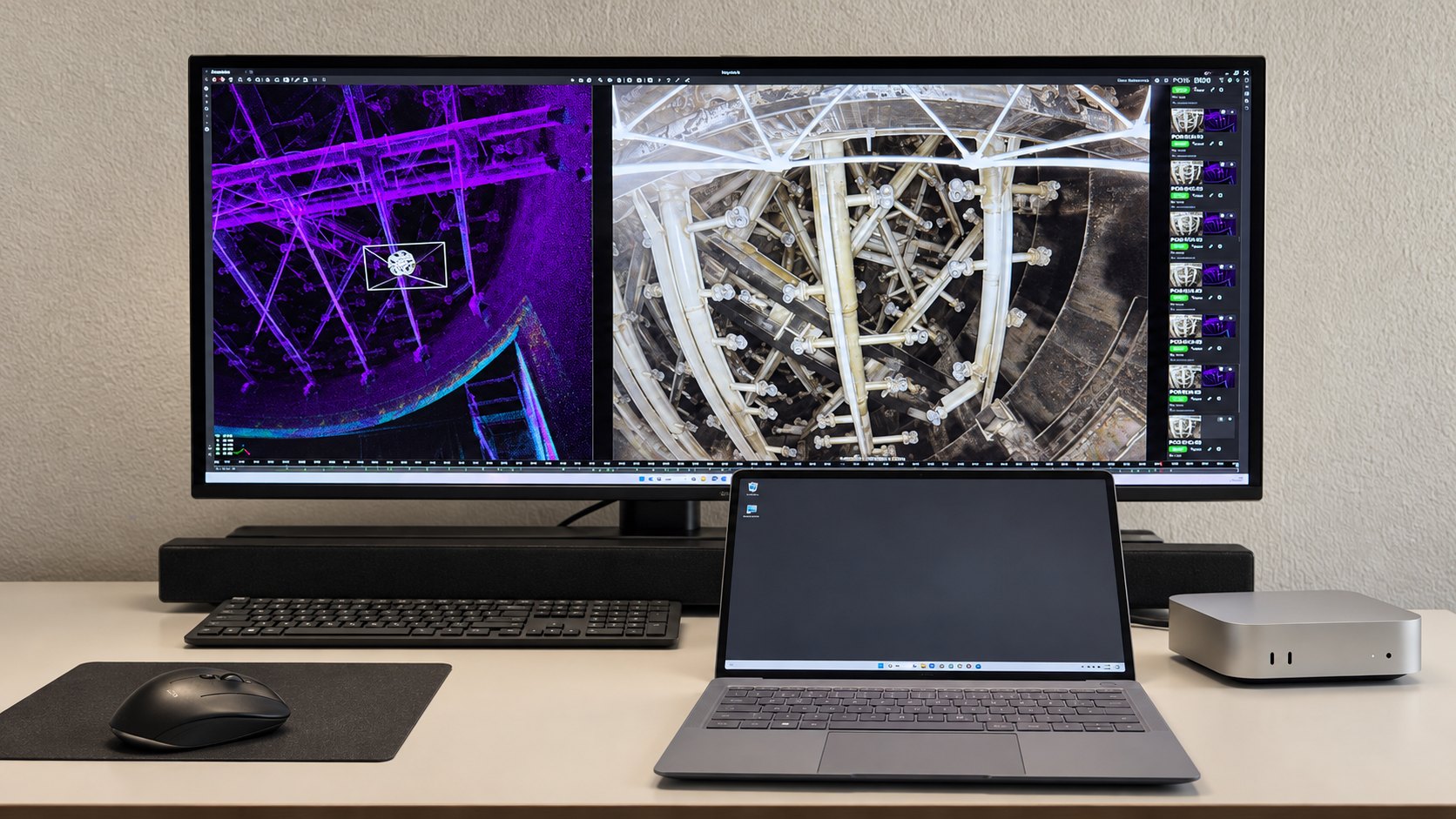 Arbeitsplatz der Auswertung: Monitor mit LiDAR-Punktwolke und Kamerabild aus einem Drohnenflug, davor ein Laptop
