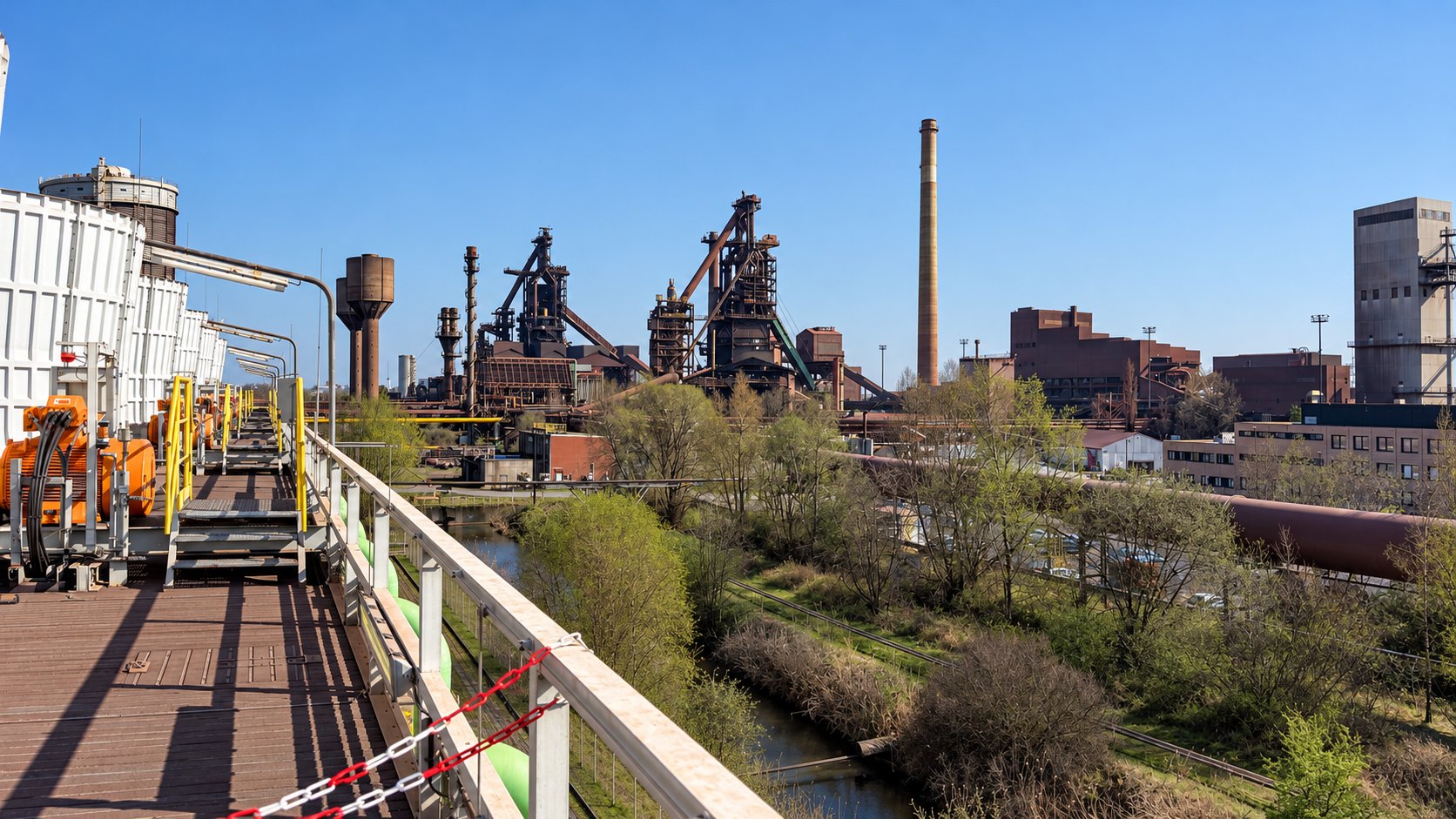 Blick von einem Laufsteg mit Geländer über einen Grünstreifen mit Bach auf ein Hüttenwerk: zwei Hochöfen mit Schrägaufzug, zwei runde Türme, ein Schornstein und Werkshallen