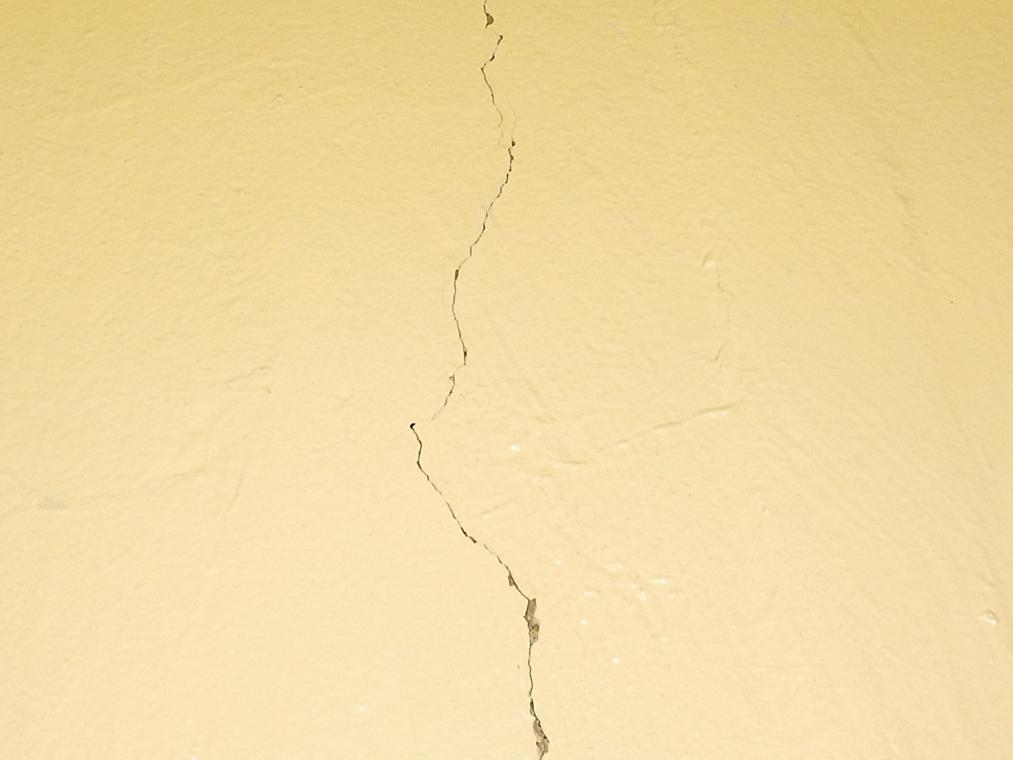 Nahaufnahme eines verzweigten Risses in einer gelb beschichteten Silowand