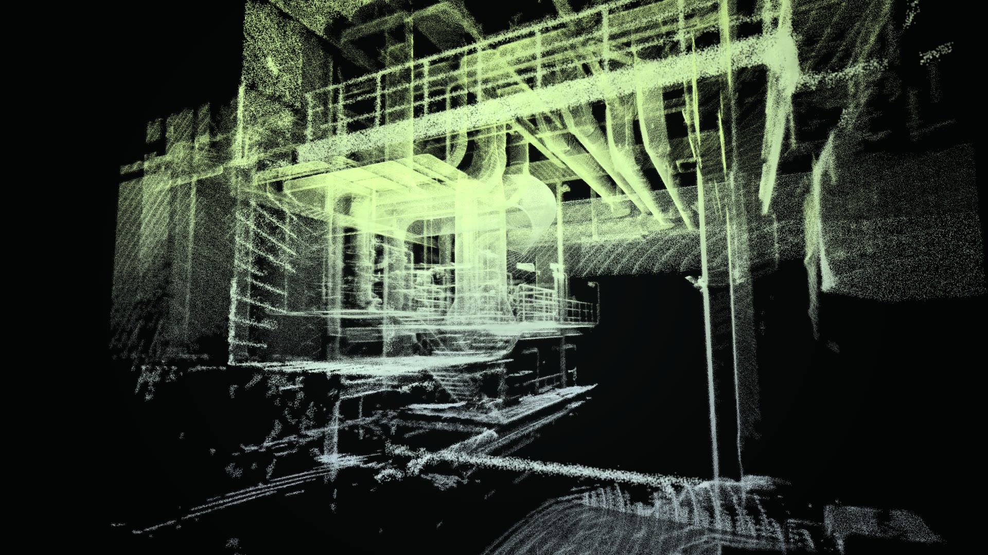 Kamerafahrt um die LiDAR-Punktwolke eines Bereichs im Kesselhaus: einmal ringsherum, Kanäle, Bühnen, Geländer und Leitungen auf allen Ebenen