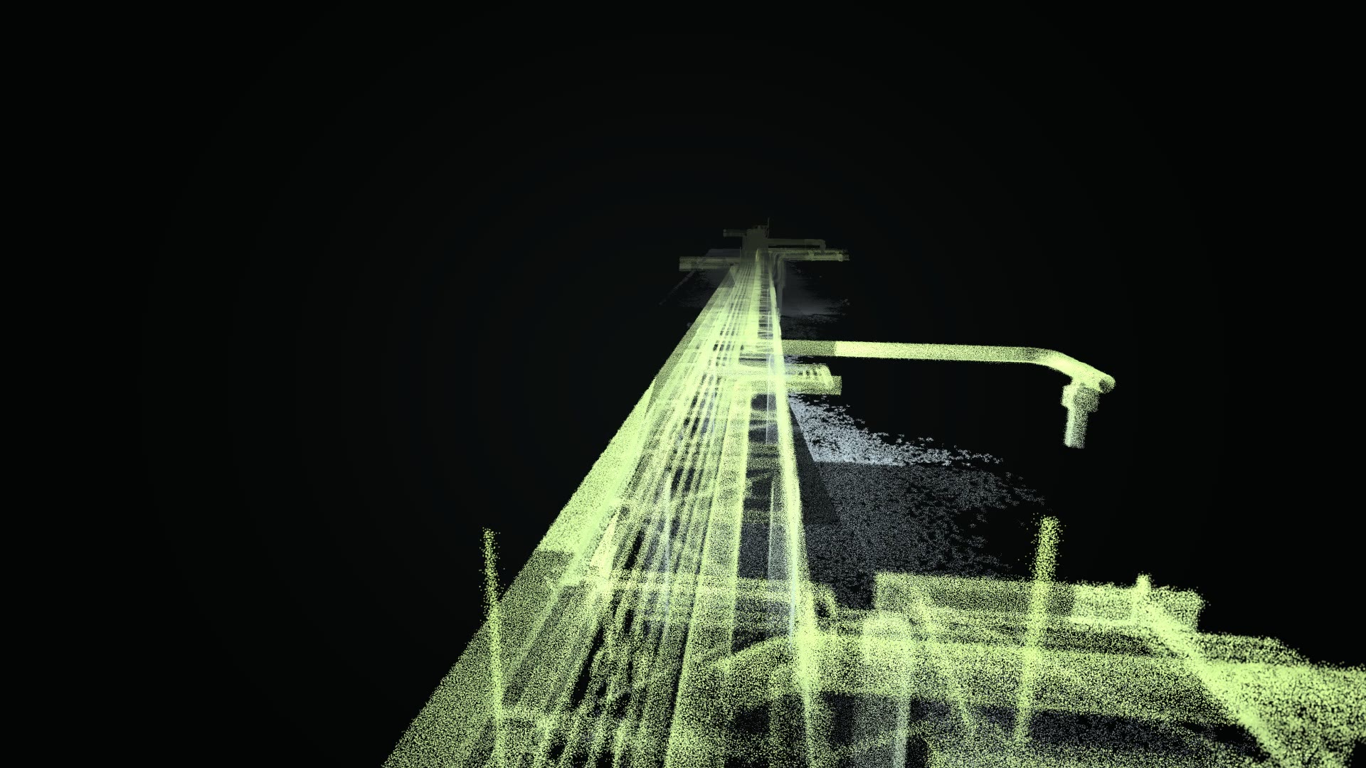 Kamerafahrt durch die LiDAR-Punktwolke einer Rohrbrücke in einer Gasanlage, von oben entlang des Rohrbündels