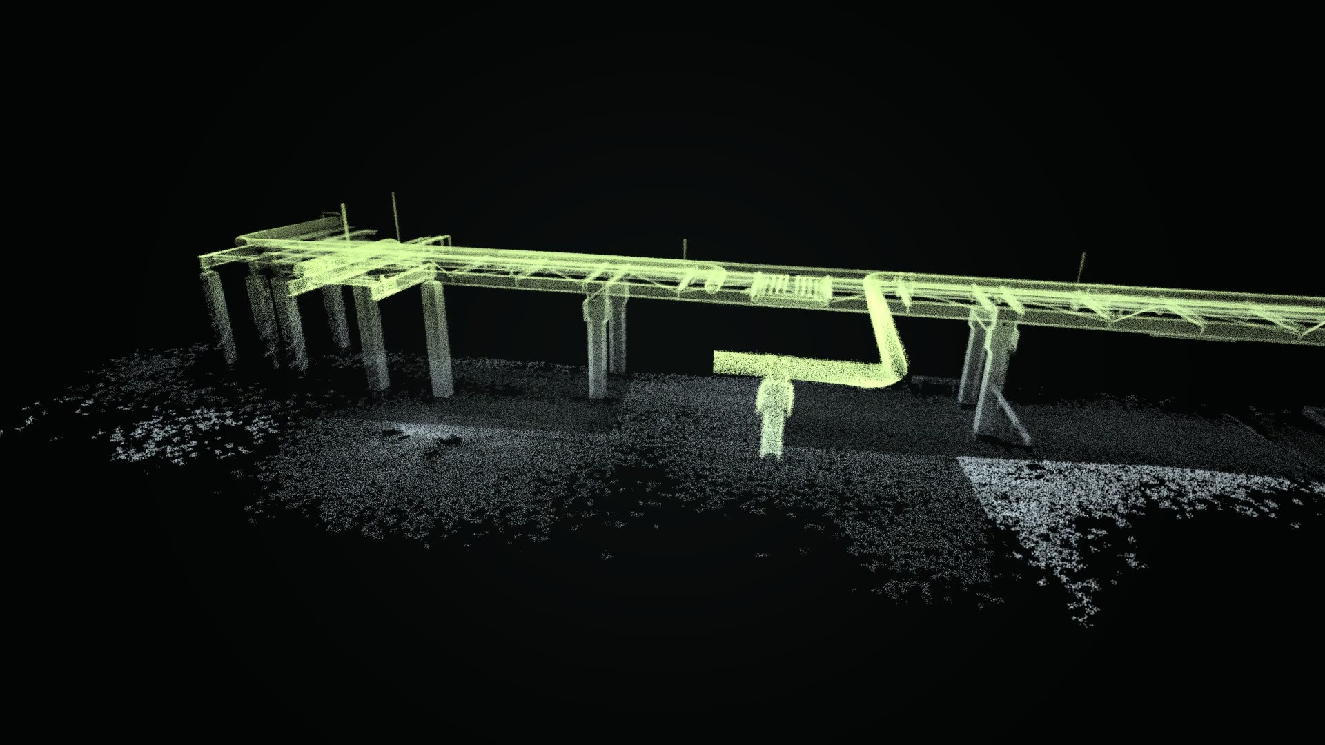 Rohrbrücke als LiDAR-Punktwolke, schräg von der Seite mit Stützen und Dehnungsbogen