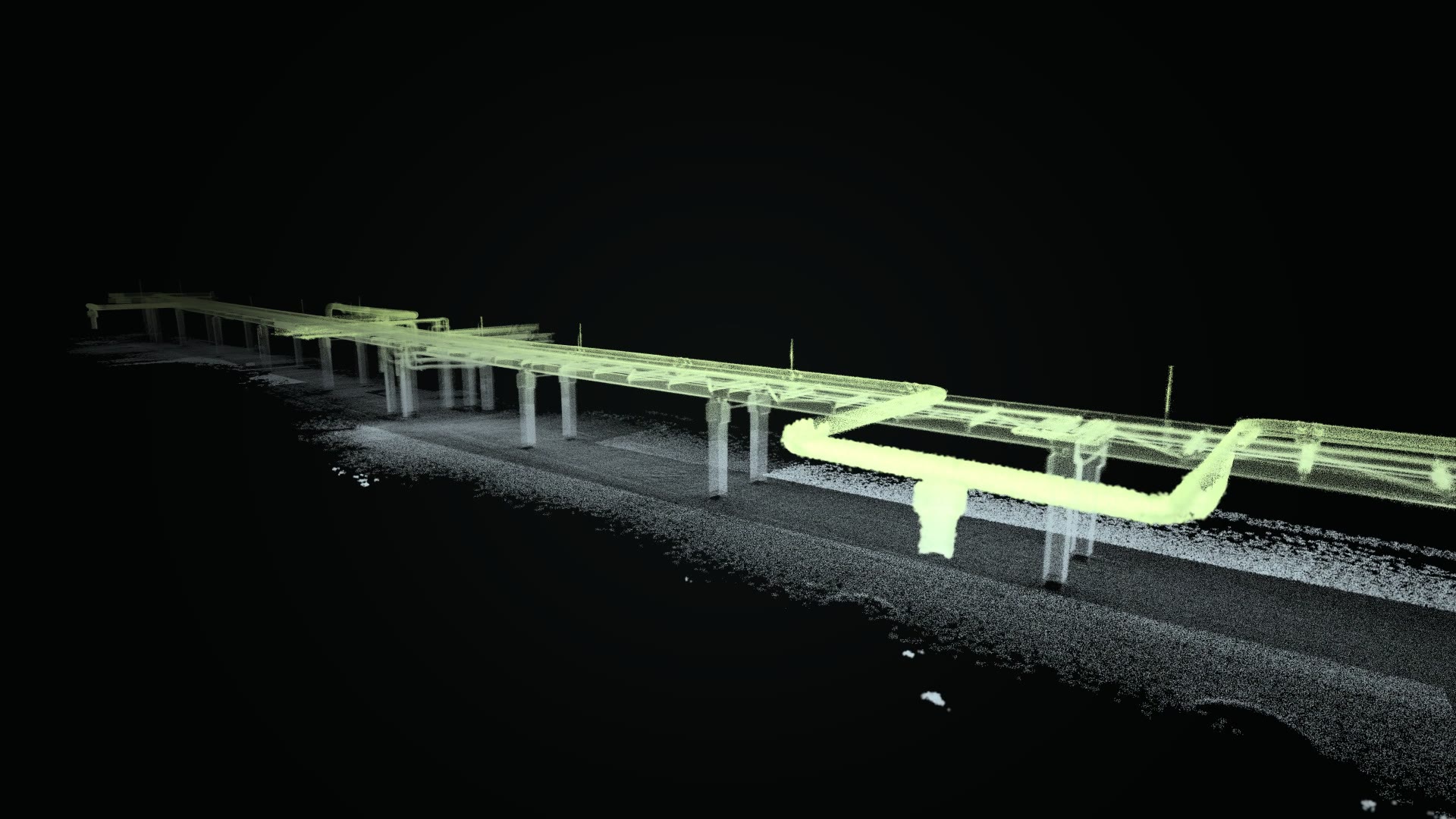 Rohrbrücke als LiDAR-Punktwolke, schräg von der Seite mit Stützen und Dehnungsbogen