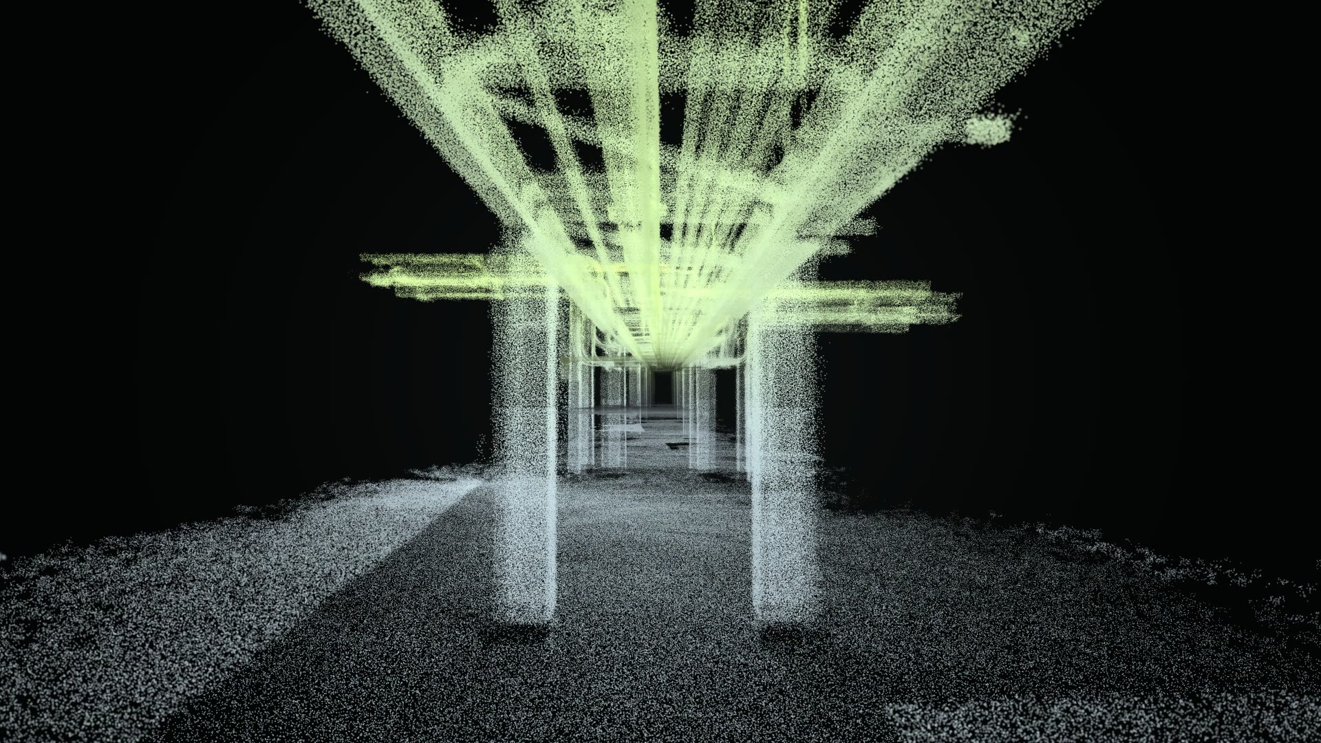 Rohrbrücke als LiDAR-Punktwolke, Blick unter dem Belag entlang zwischen den Stützen